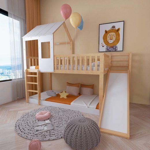 Odikalo Kinderbett Etagenbett m. Leiter Rutsche Dach Fenster, Gitter Schutz Kiefer 90x200
