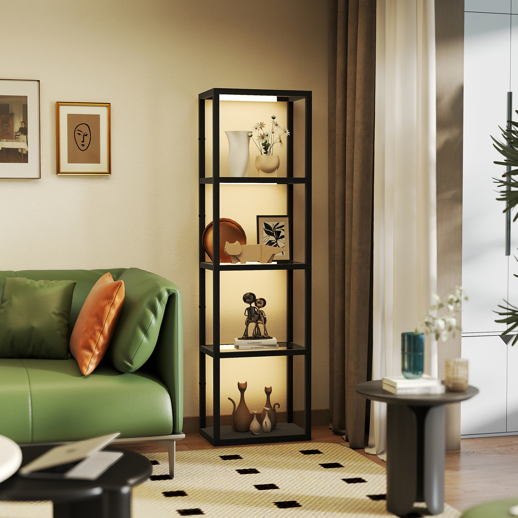 Homcom Lampada da Terra LED con Ripiano a 4 Livelli, Lampada da Terra a LED con 4 Ripiani in Vetro, Interruttore a Pedale, MDF, Nero   Aosom Italy