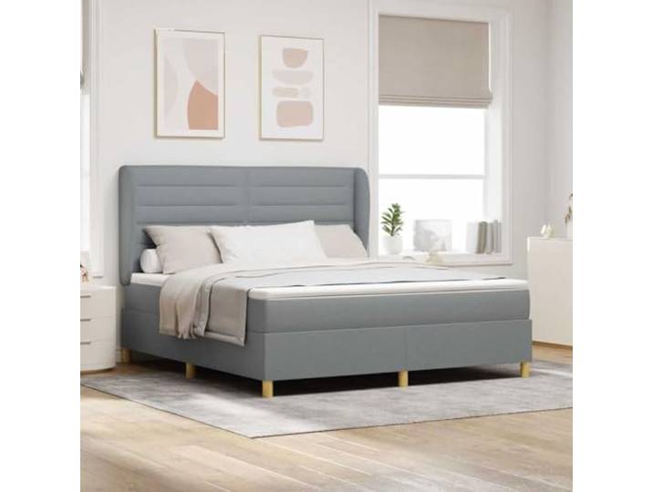 Boxspringbett Boxspringbett hellgrau 200 x 180 cm Stoff Kopfteil verstellbar in zwei Höhen, Taschenfedern, mittlere Festigkeit, Kiefernholz, Polyesterbezug