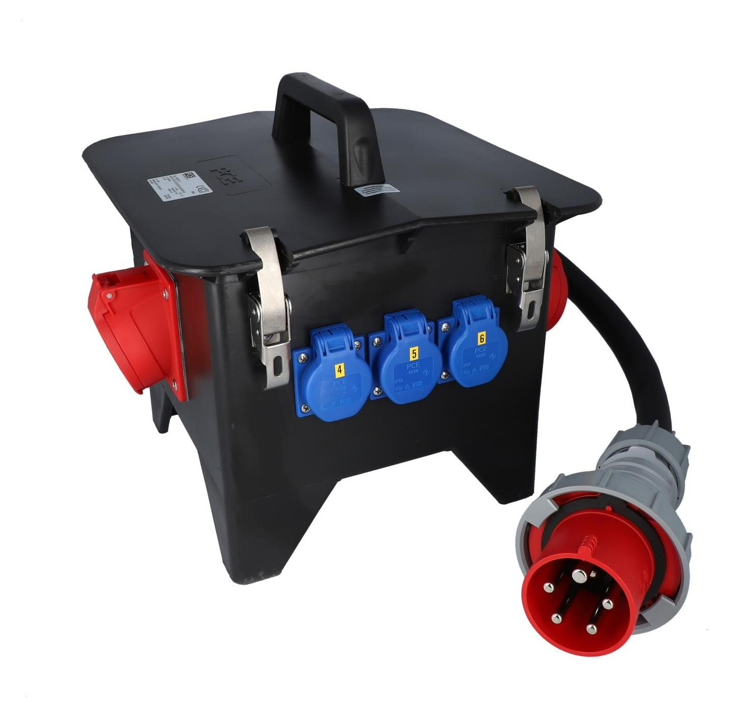 PCE mobiele verdeelunit SPITZ met rubberen behuizing, 3 x CEE-stopcontacten en 3 x veiligheidsstopcontacten