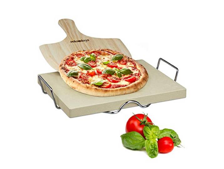 Relaxdays Pizzastein Set 3 cm Stärke mit Metallhalter und Pizzaschieber aus Holz HBT: 38x 30x 3cm rechteckiger Brotbackstein für Pizza und Flammkuchen mit Pizzaschaufel für Pizzaofen, natur