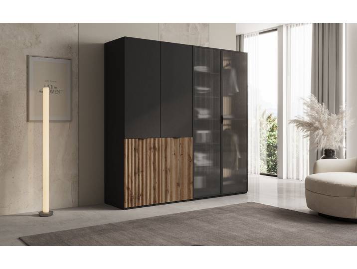 Moduro Ravel – Zweimoduliger Design-Kleiderschrank mit Holz- und Strukturglasfront - Schwarz - Luxusbetten24