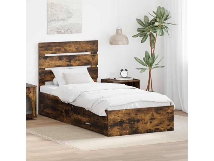RJPLMFV Bettgestell, rauchige Eiche, 90 x 190 cm, Holz Mit Aufbewahrungsschubladen, robustes Kopfteil, modernes Design, einfache Pflege