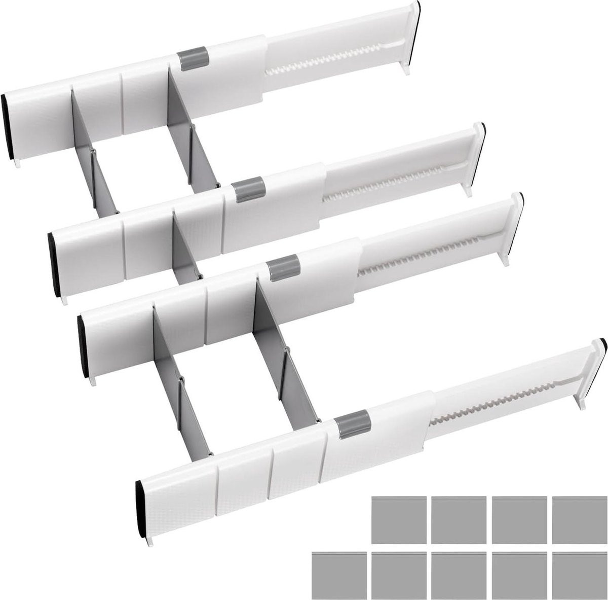 Set van 4 verstelbare ladeverdelers met 9 inzetstukken voor keuken, badkamer, slaapkamer of kantoor, 27-44 cm