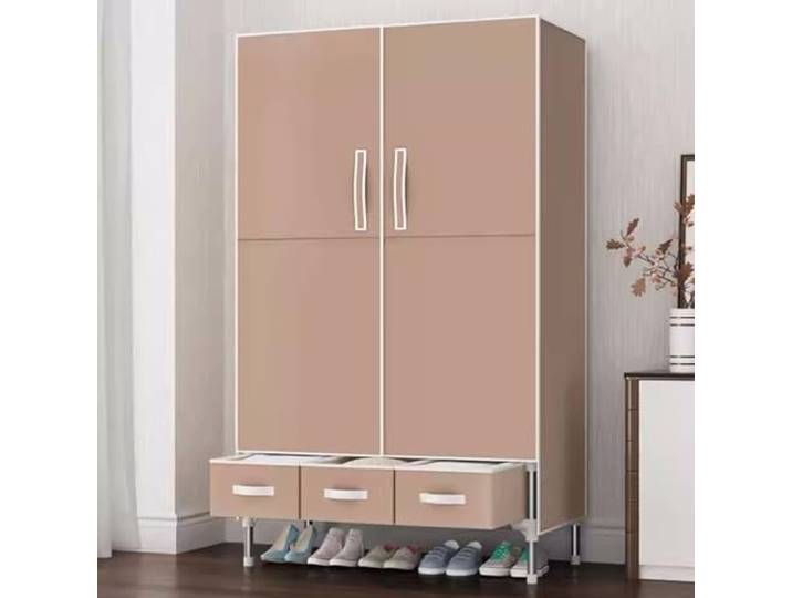 Stahlrohr-Kleiderschrank Mit Hängebereich, Klappbereich Und Drei Schubladen Zur Aufbewahrung Von Kleidung Im Schlafzimmer(Light Coffee,A)