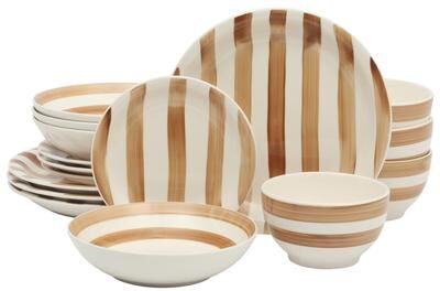 Gibson Home Kenwood Shores 16 Piece Stoneware Dinnerware Set, Hand-Painted Plates and Bowls, Service for 4