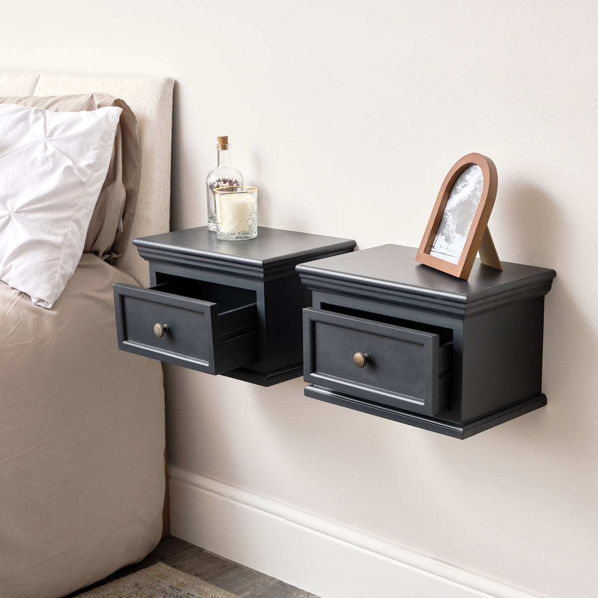 Pair of Navy Black Wall Mounted Bedside Tables - Daventry Navy Black Range Wood, Metal