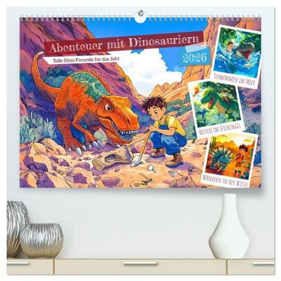 Abenteuer mit Dinosauriern - Tolle Dino-Freunde für das Jahr (hochwertiger Premium Wandkalender 2026 DIN A2 quer), Kunstdruck in Hochglanz