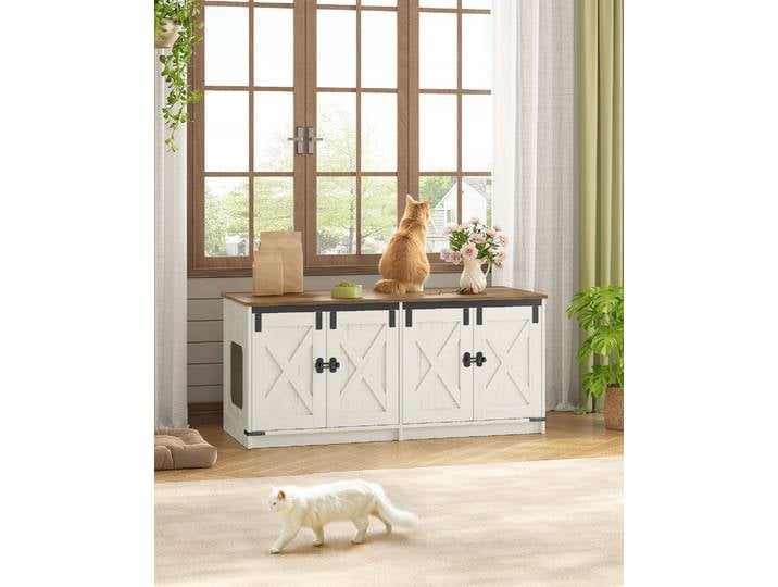 Armoire pour chat, armoire à bac à litière pour 2 chats, armoire à litière cachée pour chat, maison intérieure pour chat, style ferme, marron et blanc