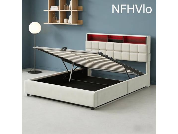 NFHVlo Lit rembourré 140 x 200 cm avec sommier à lattes tête de lit avec port USB Type C lit coffre hydraulique