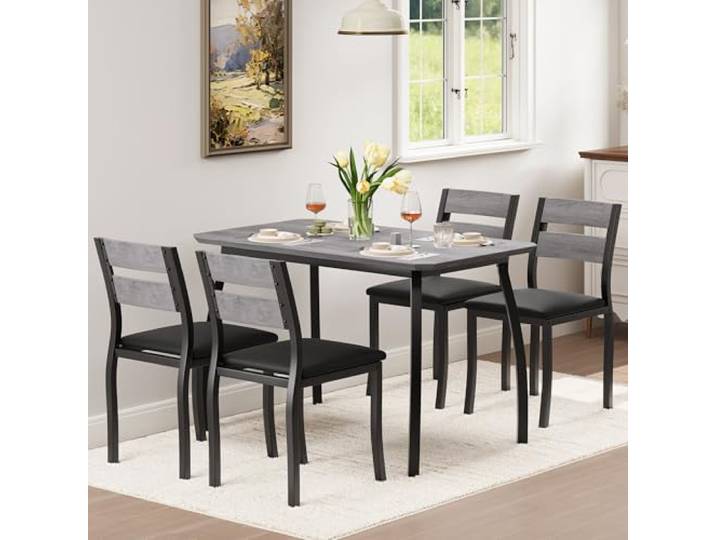 GarveeHome Esstisch-Set für 4 Personen, Esstisch mit 4 Sitzplätzen & Sitzkissen, Metall & MDF, Schwarze Metallbeine, graue Sitzbank, Landhausstil, Esszimmer-Set für Küche & Esszimmer