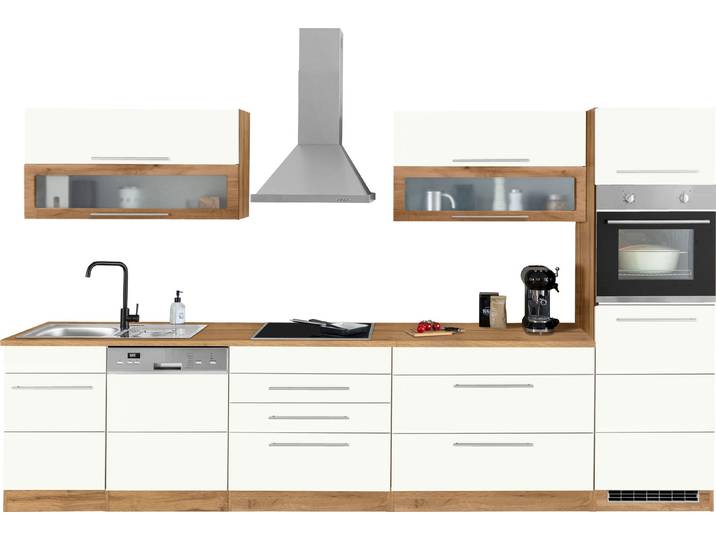 Küchenzeile, Spanplatte, Weiß Matt & Wotaneichefarben, 350×200×60 cm, Mit Induktion, Modern, Kochstation