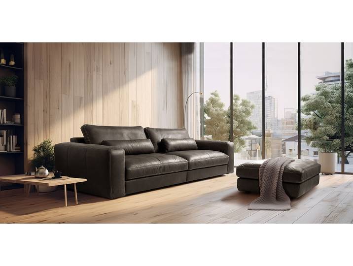 Big-Sofa Braun Echtleder Arelia 300cm 2 Kissen Modern