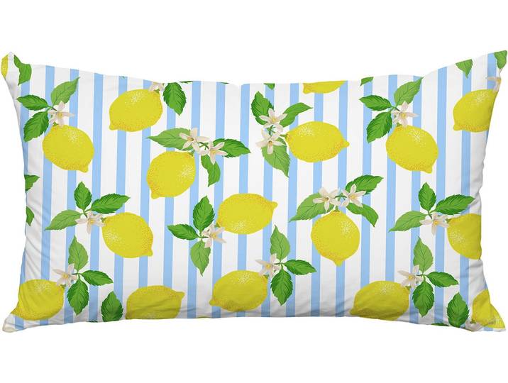 Dekokissen QUEENCE Zitronen mit Blüten , bunt (gelb, bedruckt gemustert gestreift), B:60cm L:40cm, Polyester, Dekokissen_Sitzkissen_Kissenhüllen, Dekokissen, Premium Outdoor Kissenbezug; Format: 60x40 cm