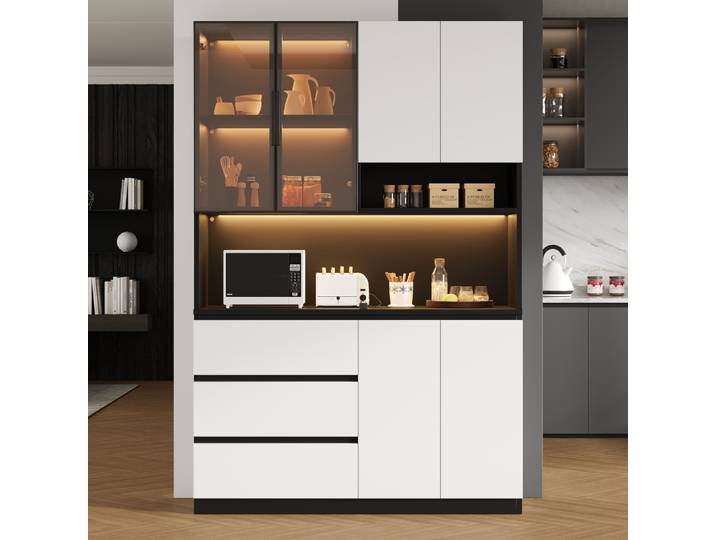 Buffet de cuisine LED PINGGO, 6 portes, 3 tiroirs, espace pour micro-ondes, étagères en verre, B120,5xT40xH180cm