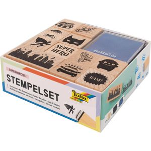 Folia Motivstempel Stempelset Superhelden, aus Holz, bis 2 x 4 cm, inkl. Stempelkissen, blau und schwarz, 14-teilig