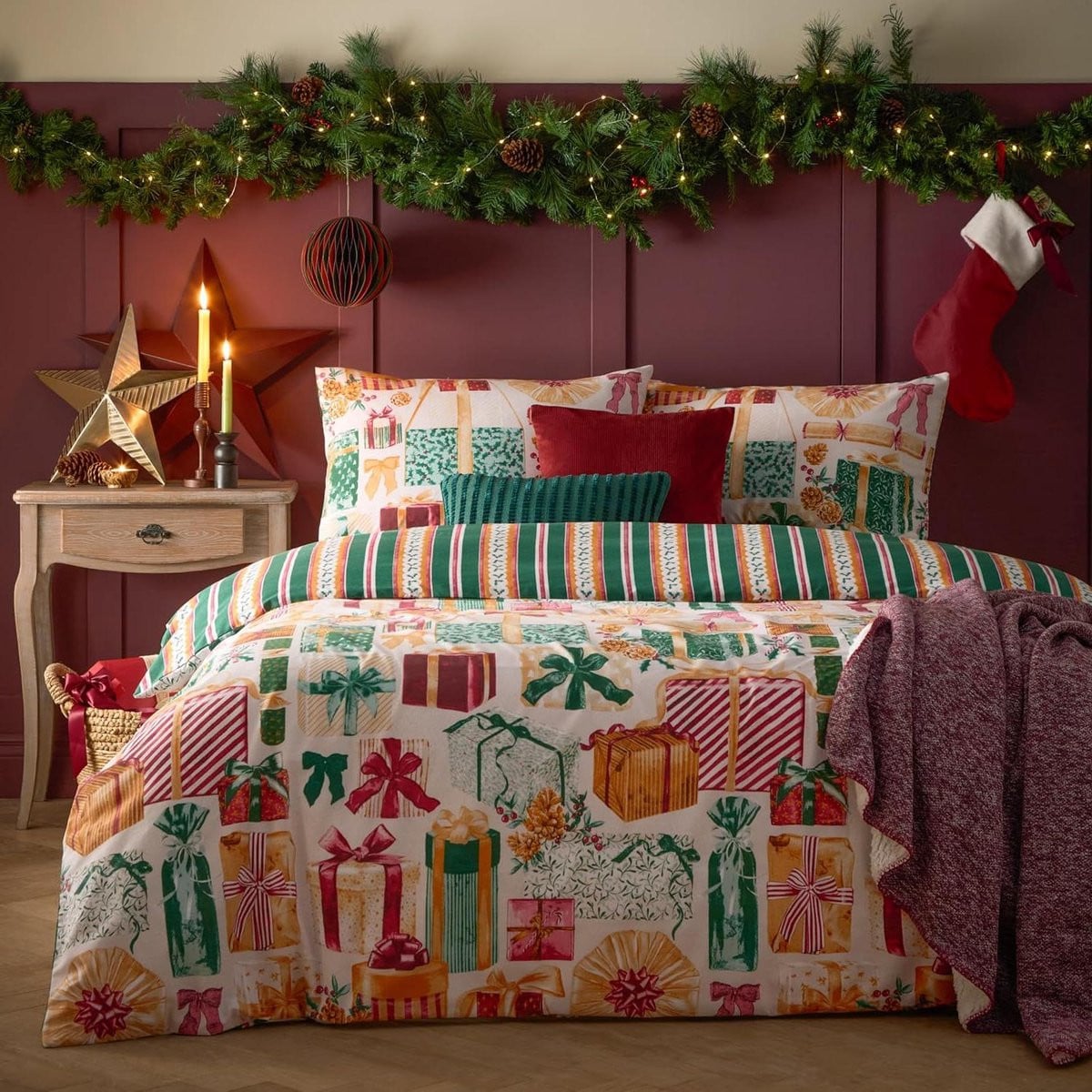 Omkeerbaar Kerstbeddengoed Dekbedovertrek Set - Super King - Smaragd/Rood