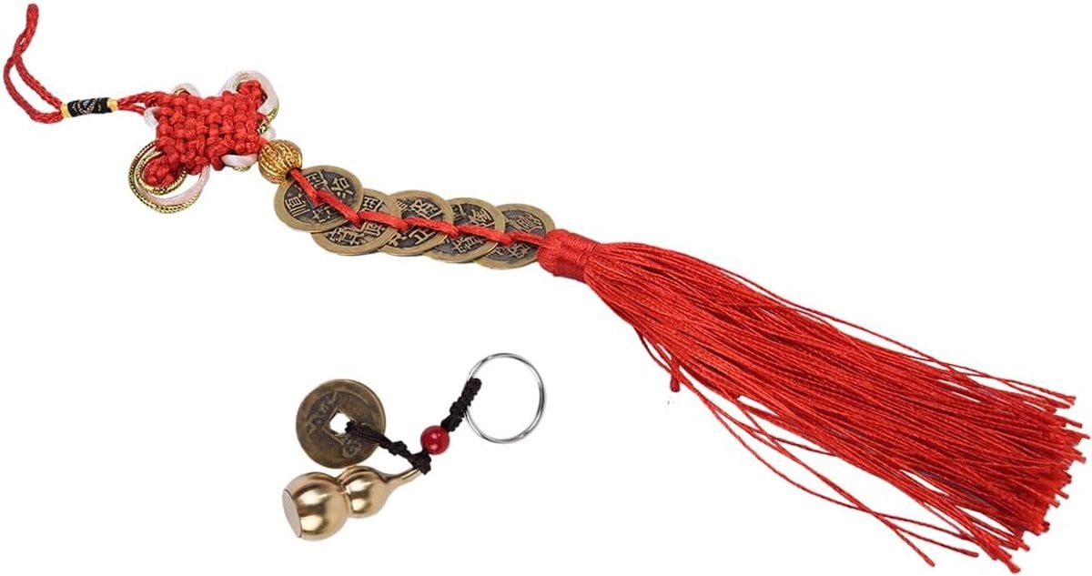 Dailygoods Feng Shui Geldsleutelhanger - Koperen Kalebas met Chinese Knoop en Geluksmunt