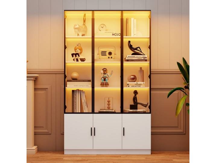 Vitrine LED 120x32x200cm blanc – 6 portes verre grand meuble haut salon multifonction MEUBLE RANGE BOUTEILLE