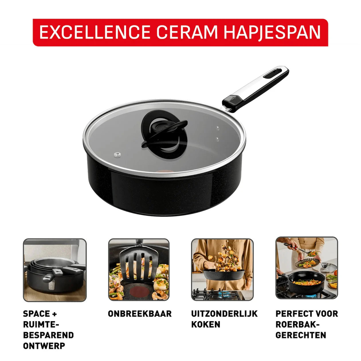 Tefal Excellence Ceramic Hapjespan met Glazen Deksel, Zwart, 24 cm