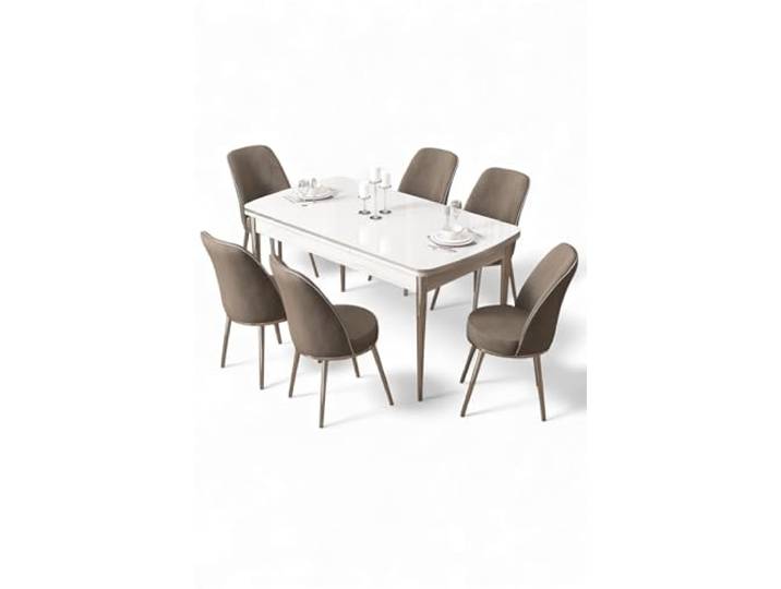 Hanah Home Extendable Dining Table & Chairs Set (7 Pieces), White & Chrome/Cappuccino, 100% MDF, Metal Legs, Modern Design, Perfect for Dining Rooms