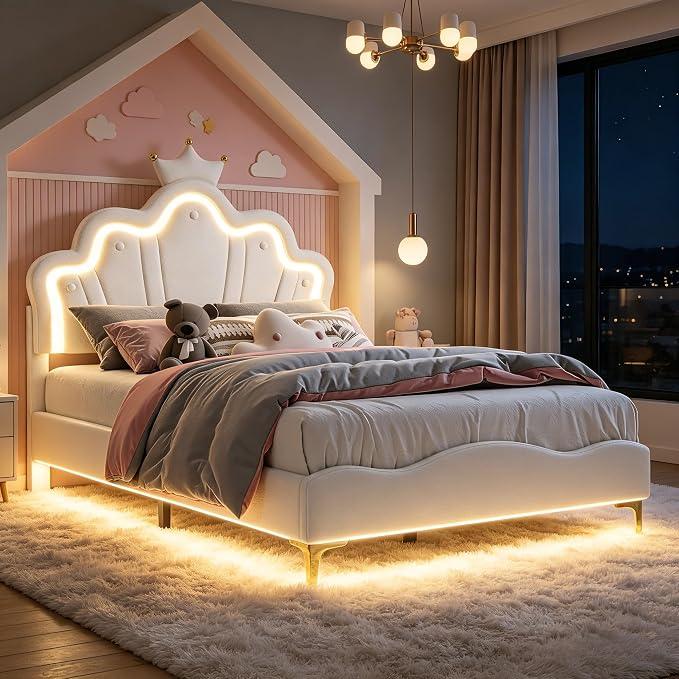 Weißes Kinderbett mit RGB-LED-Lichtern, Wolken-Kopfteil mit Krone, gepolstertes Bett 140 x 190 cm, weißes Kunstleder, Höhe verstellbar und unterbetter Stiefel