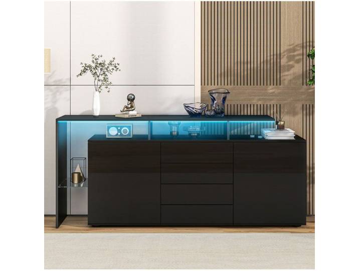 ULEVR Buffet bas LED noir 160 cm 2 portes 4 tiroirs panneaux de particules et verre