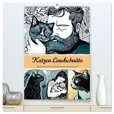 Katzen Linolschnitt - Der Kalender mit kunstvollen Porträts der Samtpfoten (hochwertiger Premium Wandkalender 2026 DIN A2 hoch), Kunstdruck in