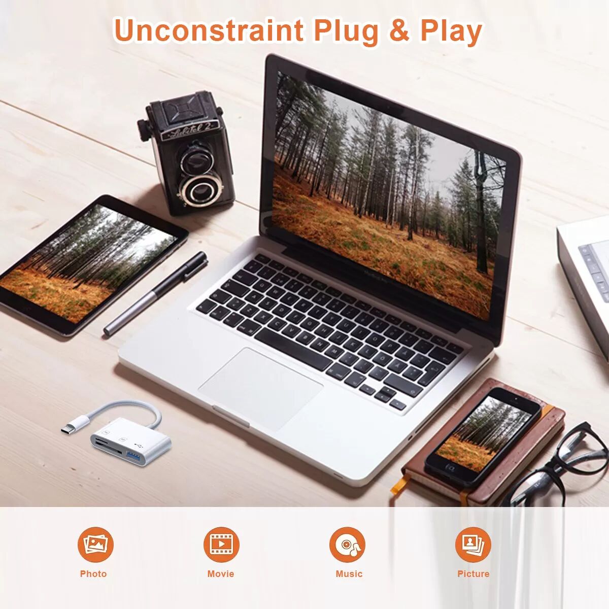 INF Lecteur de cartes 3 en 1, USB-C vers SD/TF/USB