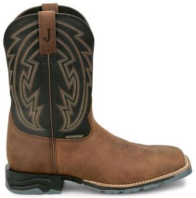 "Justin Boots Mavrik 11"" Square Toe WP (Men's) Work in Barnwood/Black, Size 11.5 E2, Leather"