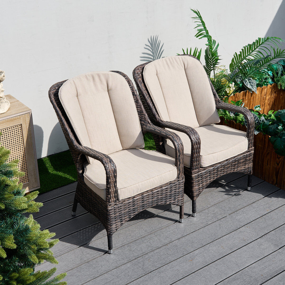 Lark Manor Glenna Patio Rattan Aluminum Dining Side Chair with Cushion Set of 2 Brown 63cm W X 76cm D