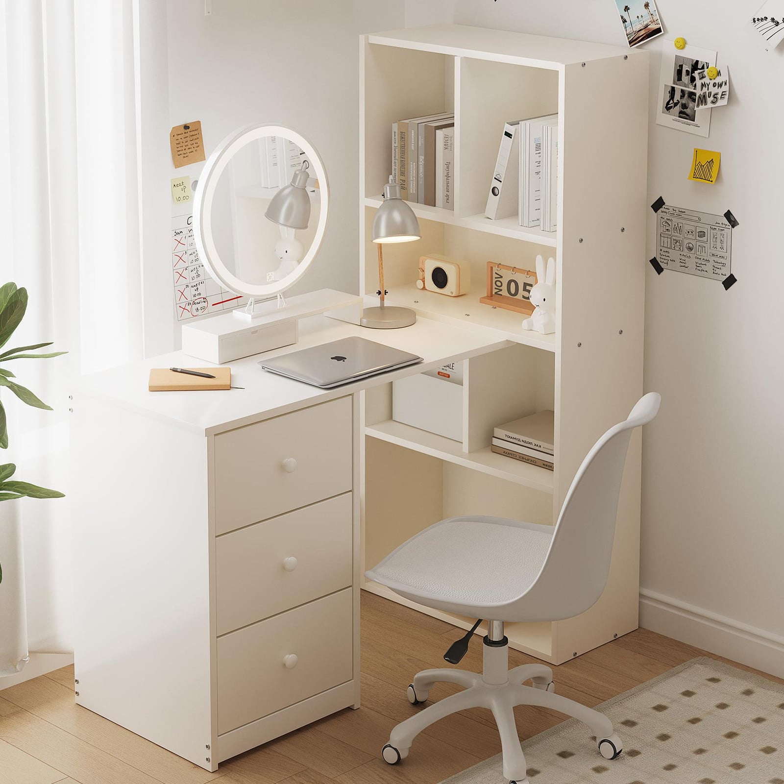 OKWISH Hoekbureau met kast, boekenkast en 3 uitschuifbare lades, wit