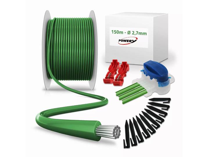 150m grenskabel (2,7mm) + 300 haken + 10x kabelverbinders + 4x aansluitklemmen voor robotmaaiers