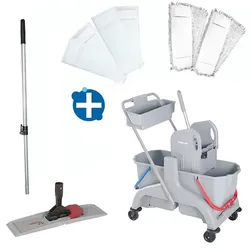 Reinigungswagen Bayersan Profi Set 4 mit Korb Doppelfahrwagen 2x18 L, Mopphalter, Telestiel, Möppe, Korb