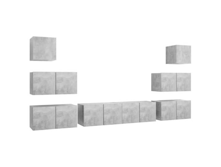Roanoer 8-TLG TV-Schrank Set Hängend Betongrau Wandboard Wohnzimmer Möbel Wandhängendes 8-teiliges Lowboard Ensembles aus Holzwerkstoff für Schlafzimmer & Wohnbereich mit viel Stauraum.
