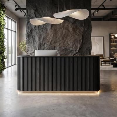 WESOME 70.87in Mid Century Curved Reception Desk with Outlet Cable Management LED Light