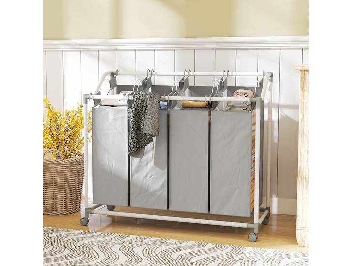 HOMCOM Chariot à Linge 4 Sacs Amovibles 4x40L Gris