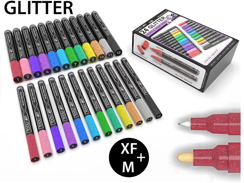 TOOLI-ART Marqueur Acrylique Set Glitter 24 (12 en 0.7mm et 12 en 3mm)
