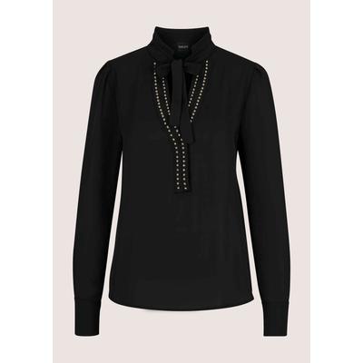 Langarmbluse MADELEINE "Bluse Schluppenbluse mit Nietenbesatz", Damen, Gr. 34, schwarz (schwarz, goldfarben), Modern, comfort fit, hoch geschlossener Ausschnitt, Blusen