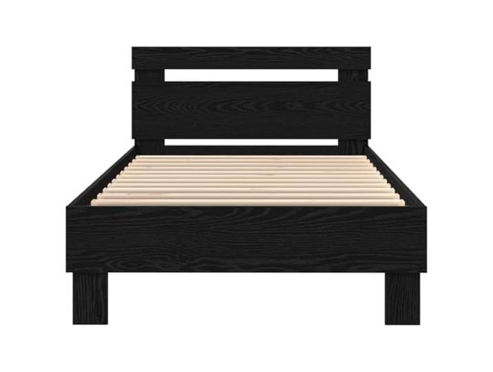 KTHLBRH Bett mit Kopfteil Eiche Schwarz Holz Engineered Mehrfarbige LED-Lichter, Lattenrost, USB-Anschluss, minimalistisches Design