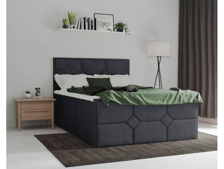 Boxspringbett, Holz Teilmassiv, Anthrazit, 161×210 cm, Mit Taschen-Federkernmatratze, Leonique Ambre