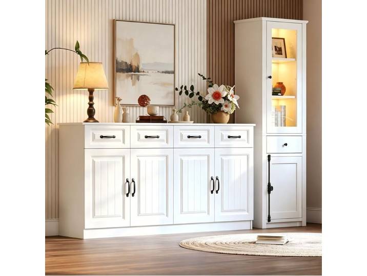 WUVRIE Buffet bas et vitrine haute ensemble blanc en MDF 4 tiroirs 6 portes LED USB