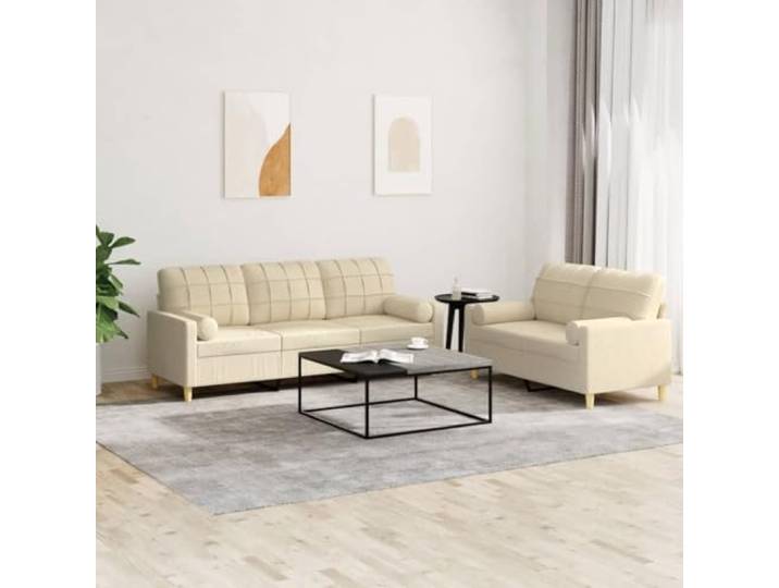 HEFZGDB 2-TLG. Sofagarnitur mit Kissen Creme Stoff – Bequemes Sitzmöbel für Wohnzimmer mit strapazierfähigem Bezug, robustem Metallgestell und praktischen Zylinderkissen,
