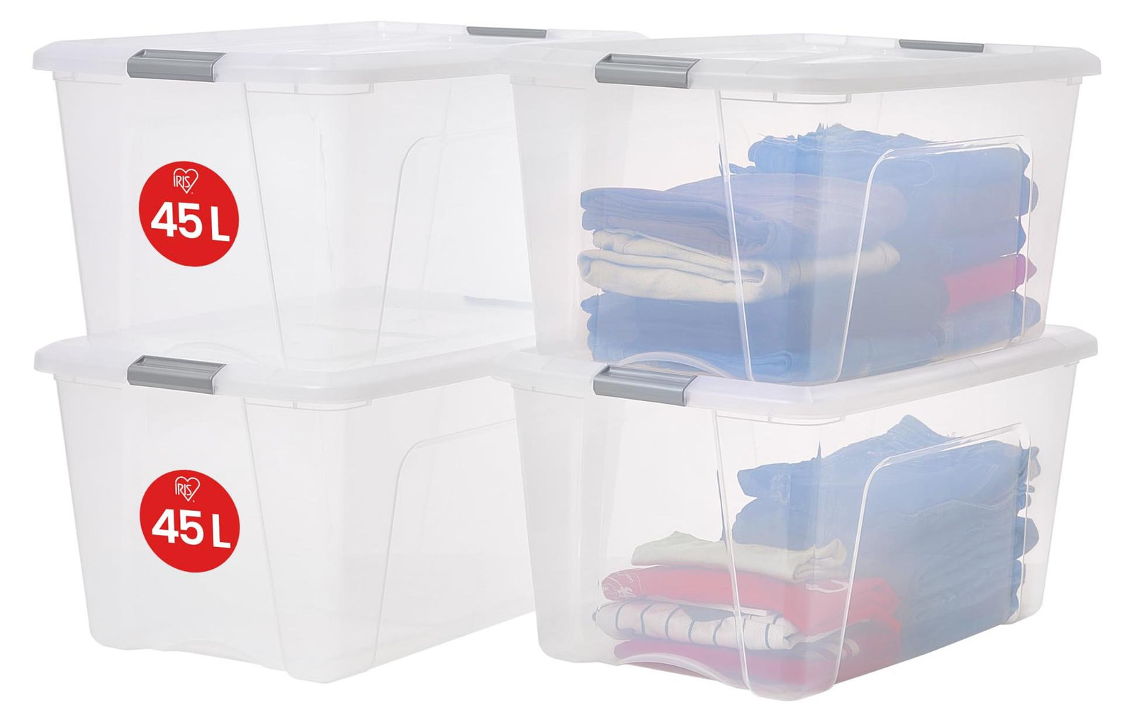 Iris Ohyama Set van 4 Opbergboxen met deksel, 45 liter, Zilver