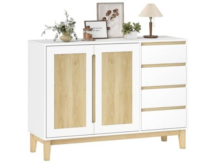 HOMCOM Nordic Buffet, 2 Türen, 4 Schubladen, 120x40x86cm, Weißeiche Stauraummöbel, verstellbares Regal, Gummibaumholzbeine, Buffet für Esszimmer, Küche und Wohnzimmer