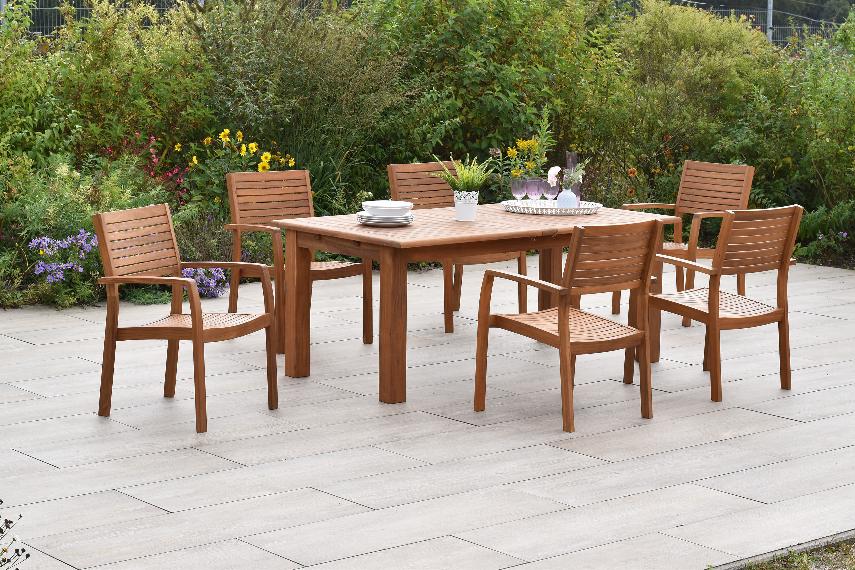 Garten-Essgruppe MERXX "»Batavia«", beige (natur, natur, natur), Auszugsplatte, ausziehbar, Massivholz, Sitzmöbel-Sets, Garten-Essgruppe, moderne Landhausoptik in warmen Holznuancen