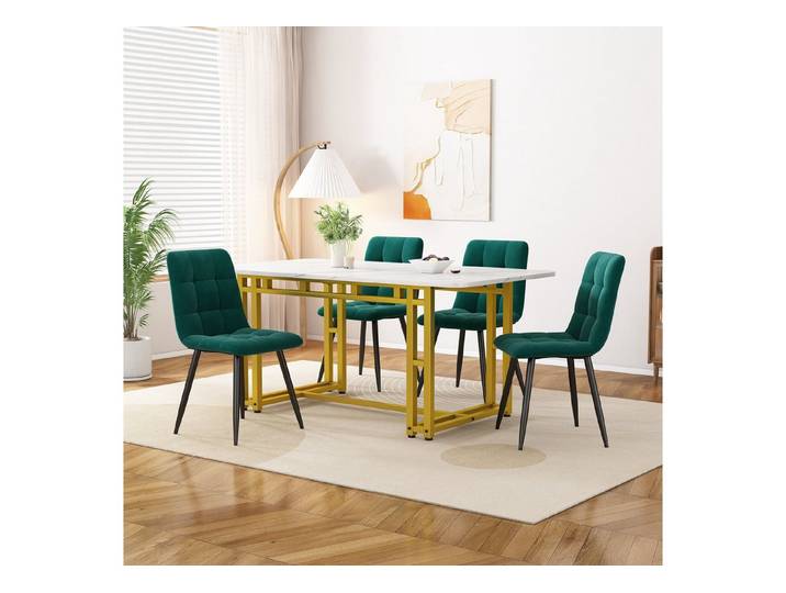 IDEASY Essgruppe Goldener Esstisch 120x70cm +4 dunkelgraue Leinenstühle