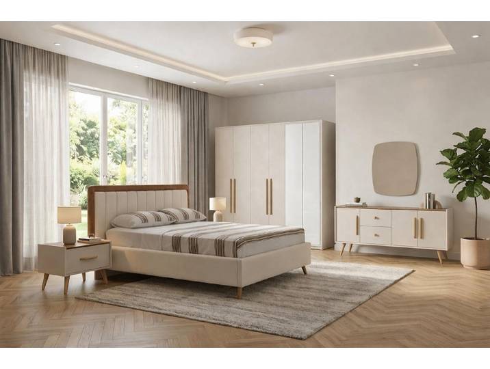 JVmoebel Schlafzimmer-Set Luxuriöses Schlafzimmer Set: Bett Schrank und stilvolle Nachttische, (6-tlg), Made in Europa