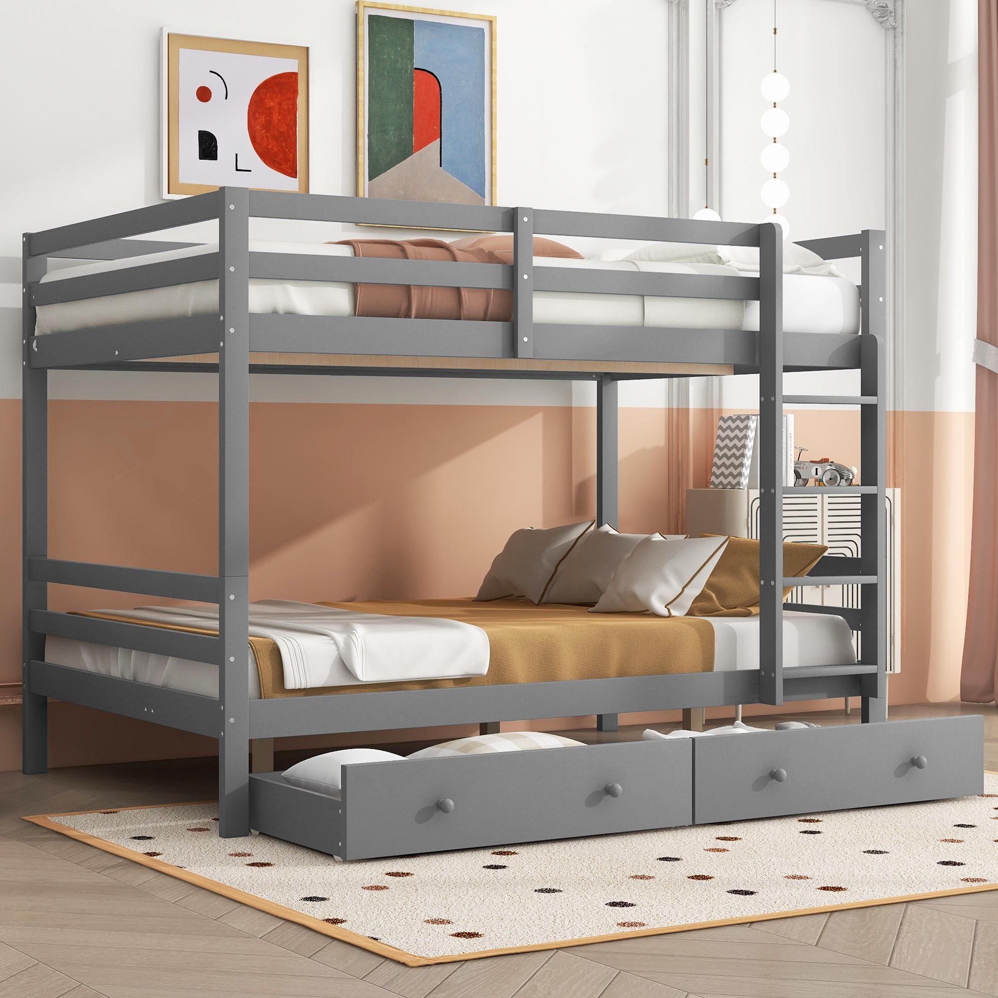 Etagenbett fš¹r Kinder, 140x200 cm, mit Schubladen, Stauraum und hohen Gel?ndern, Kiefernholz, Grau