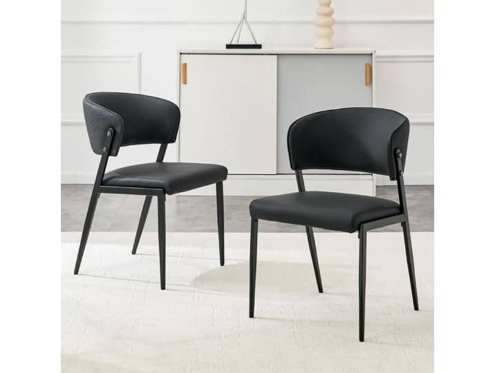 Chaise moderne rembourrée - Ensemble de 2 pièces - Noir - Cuir synthétique - Cadre en métal - Dossier ergonomique